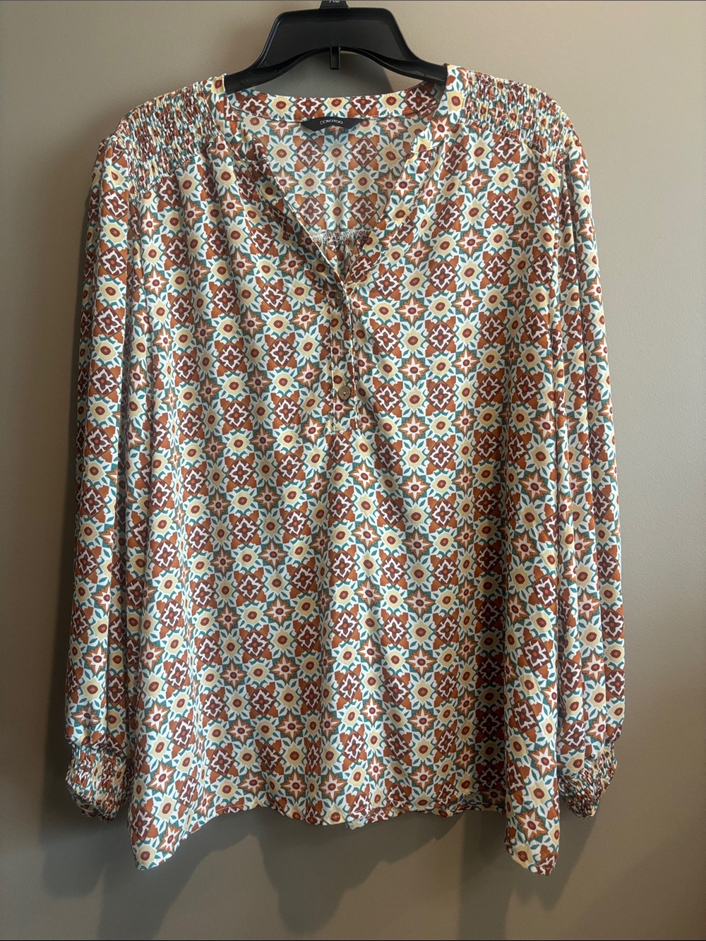Women's Long-Sleeve Geo Print Tunic Top in Brown and Cream